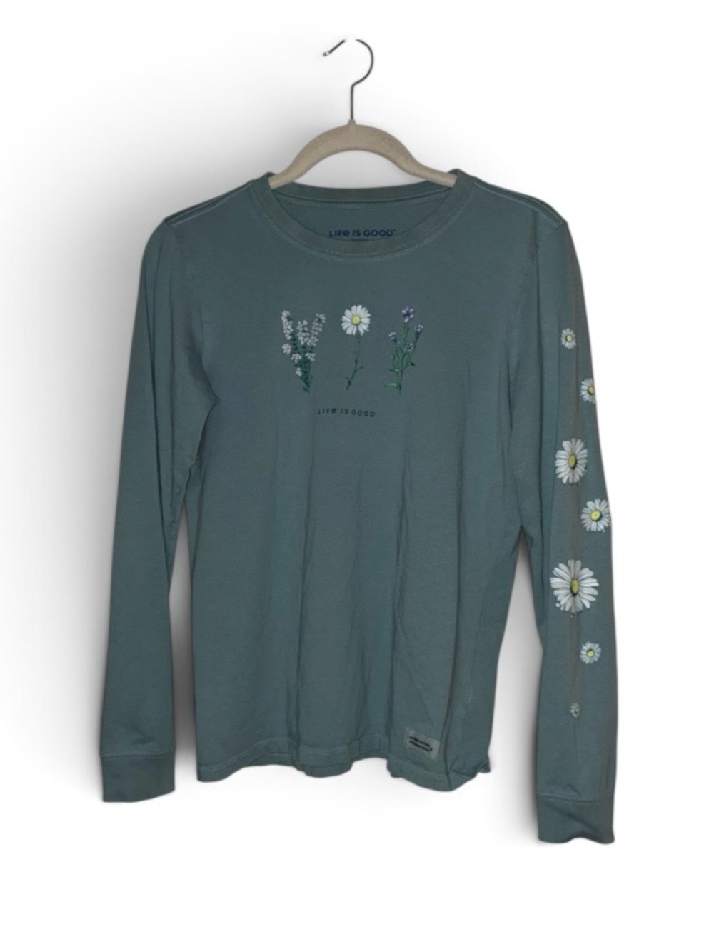 Life is Good Detailed Wildflowers Long Sleeve Crusher Tee Pale Blue/Green Sz M